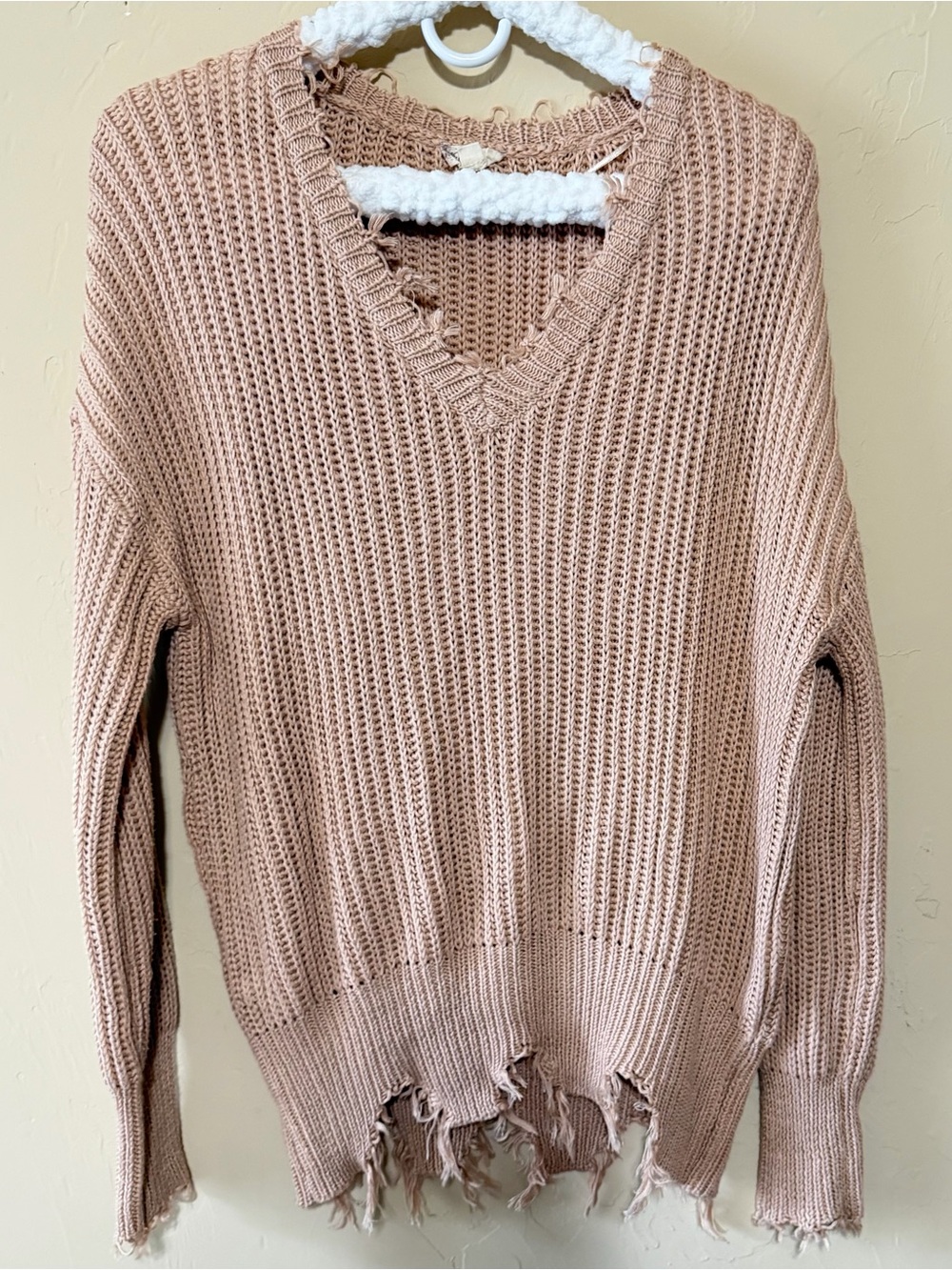 Hem & Thread Distressed V-Neck Sweater in Blush Rose